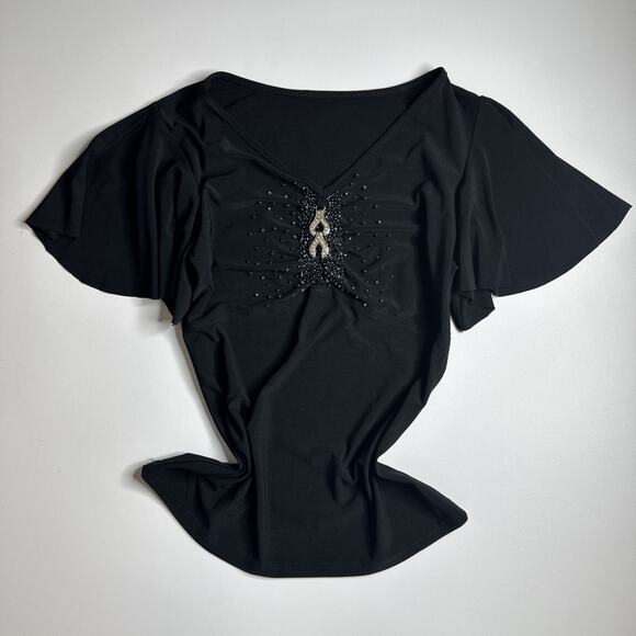 Y2K McBling Black Beaded Flutter Sleeve Top S Rhinestone Pendant Glam Baddie - Picture 3 of 12